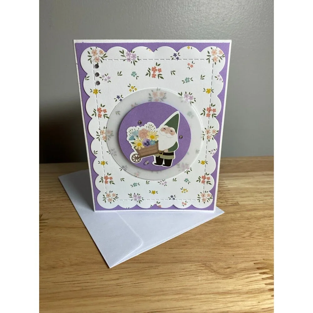 Handmade Spring Greeting Card A2 Floral Gnome Card Blank Inside w/ Envelope